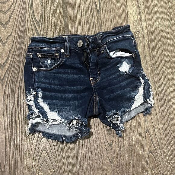 American Eagle Womens Ne(x)t Level Denim Midi Short Distressed Dark Blue Size 0 - Picture 1 of 5